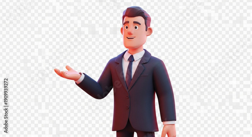 A cartoon businessman in a suit gesturing with a friendly smile on a transparent background