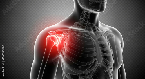 A medical illustration of a human skeleton with a highlighted shoulder injury