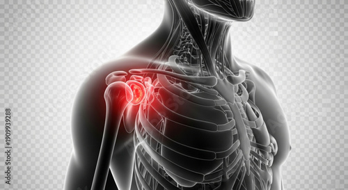 A medical illustration of a human skeleton with a highlighted shoulder injury