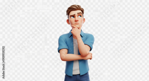 A cartoon man with a thoughtful expression stands against a transparent background