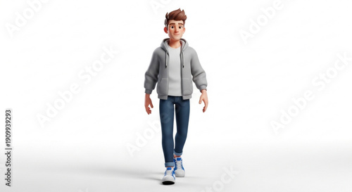 A 3D cartoon illustration of a young man walking in a casual outfit on a white background