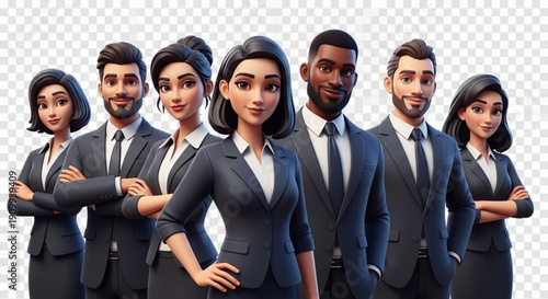 A group of diverse business professionals standing together in formal attire with a transparent background
