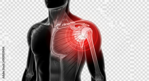A medical illustration of a human body with a highlighted shoulder injury