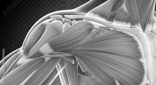 A detailed illustration of human muscles in the shoulder and back area