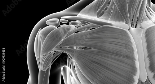 A detailed illustration of the human shoulder muscles and skeletal structure