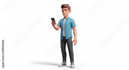 A cartoon man holding a smartphone in a casual outfit