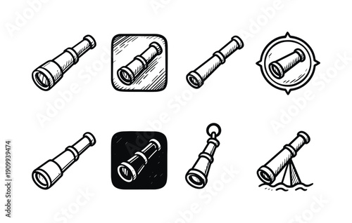 Telescope silhouette icon set. Nautical, pirate, spyglass silhouette collection