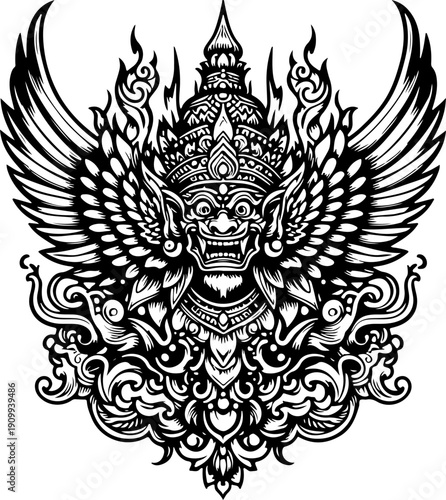 Detailed Golden Carving Style Graphic of Lord Vishnu's Vahana (Mount), Featuring Stylized Feathers, Piercing Eyes, and a Dynamic, Imposing Presence