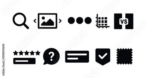 User interface solid icon set. Search, rating, comparison, gallery solid icons