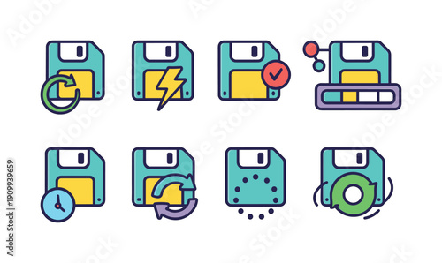 Computer, technology flat icon set. Retro, floppy disk storage icons collection