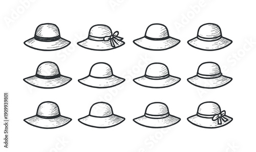 Fashion, hat outline icon set. Stylish headwear collection in line art style
