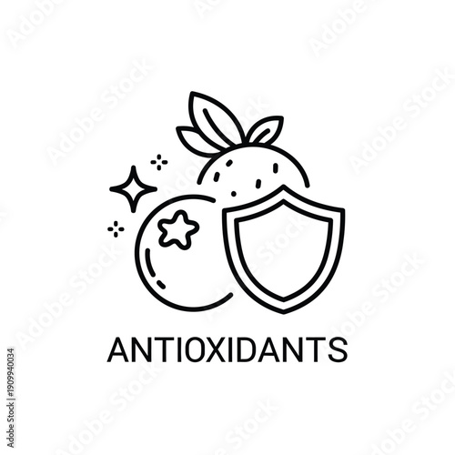 Antioxidants concept with fruit and shield icon on white background