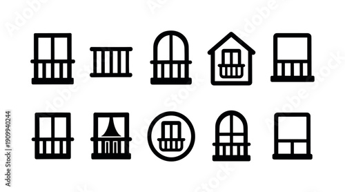 Balcony and window silhouette icon set: home exterior, railings, and architecture