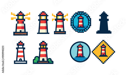 Lighthouse flat icon set. Nautical, beacon, maritime symbols flat design collection.