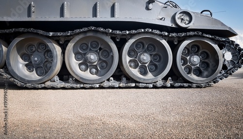 Wallpaper Mural closeup of a gray metal tank track with multiple black wheels resting on a light gray surface outdoors Torontodigital.ca