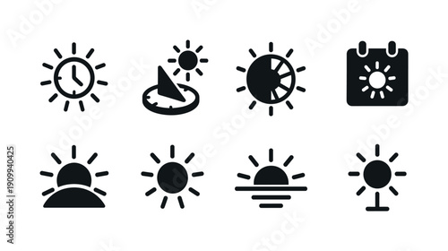 Sun, sundial solid icon set. Timeless, calendar, solar icons solid collection