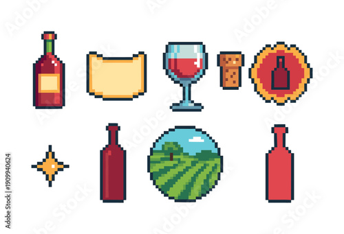 Wine enthusiast pixel icon set. Vineyard and bottle pixel art collection