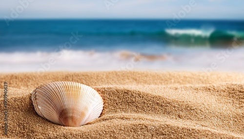 Wallpaper Mural close up seashell on golden sand beach with ocean background Torontodigital.ca