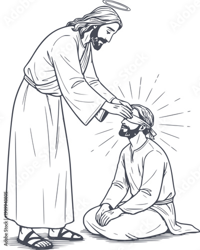 hand drawn style illustration of jesus christ healing a blind man performing a miracle with no white fill included drawing black fill sketch symbol