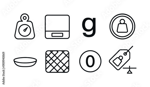 Weight and measurement icon set: outline symbols for scales and balance tools