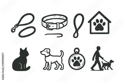Pet care outline icon set. Dog, cat, leash, collar, and paw print outline collection
