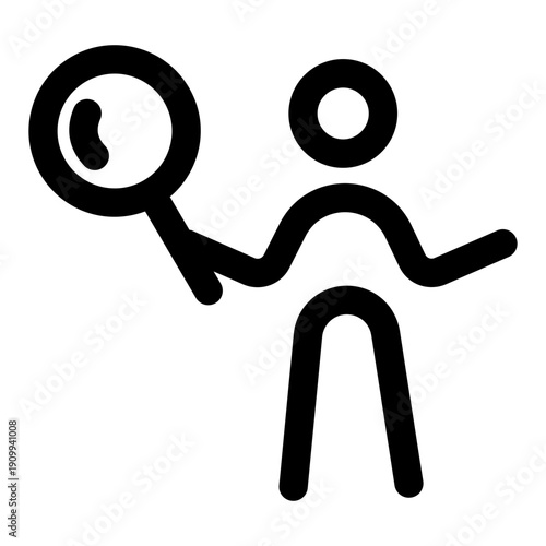 A linear icon showing a character doing research work