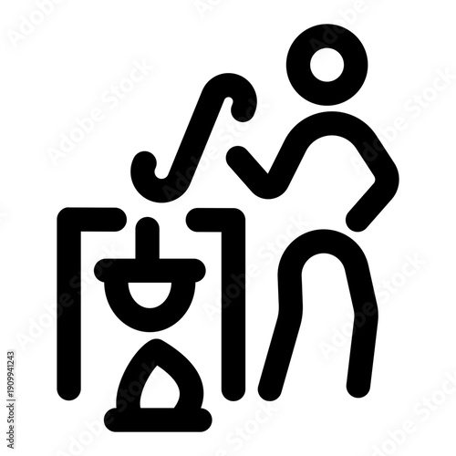 A linear icon showing a character doing outdoor cooking