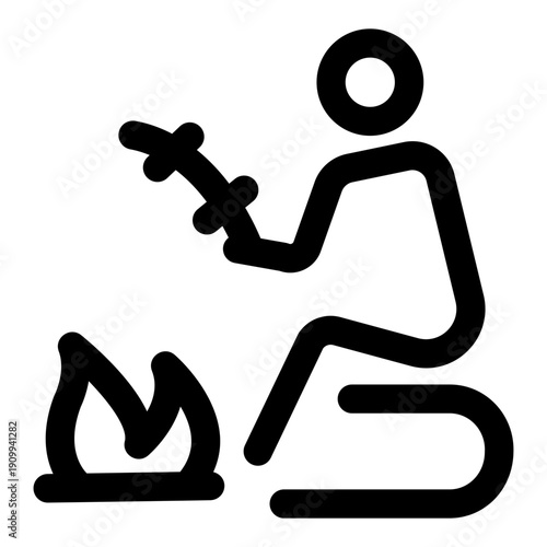 A linear icon showing a character roasting marshmallows