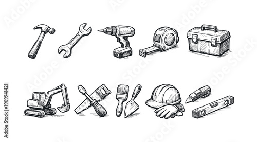 Construction tools icon set. Hand-drawn sketch style icons for building projects