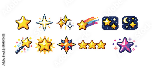 Magic, fantasy pixel art icon set. Wizardry, stars, wand icons in 3d pixel style.