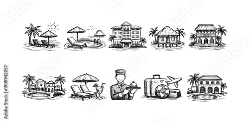 Resort and hotel linear icon set. Travel, vacation, hospitality outline collection
