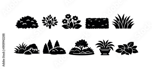 Gardening silhouette icon set. Plants, trees, shrubs, flowers collection