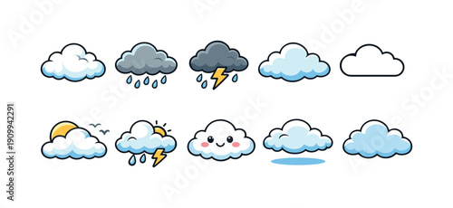Weather cloud icon set in cute outline style for forecasting apps and websites