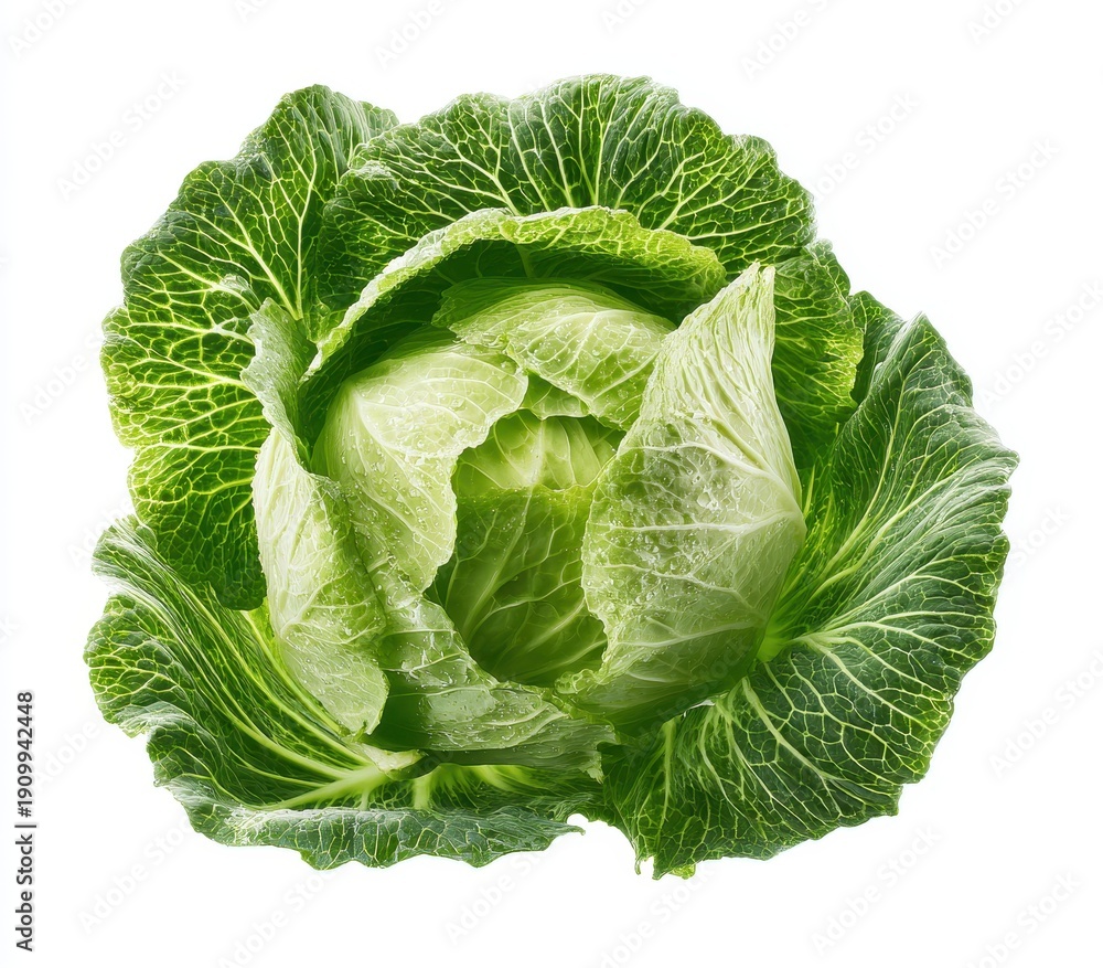 Obraz premium Vibrant Green Cabbage Head, Fresh and Healthy Vegetable Isolated on White for Culinary Use.