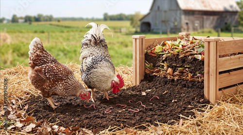 Decorative chickens pecking earthworms near a tidy compost pile  