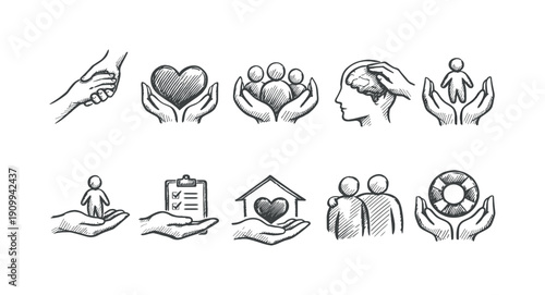 Mental health, support line icon set. Therapy, wellbeing, care line collection