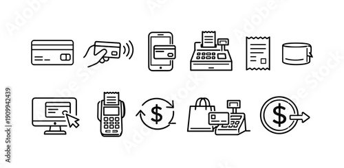 Payment and transaction icon set. Shopping, e-commerce line icons collection