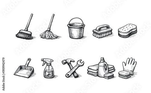 Cleaning tools icon set. Hand-drawn, sketch icons for household cleaning essentials