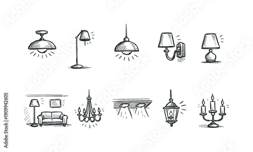 Lighting outline icon set. Sketches of lamps, chandeliers, and lanterns collection.
