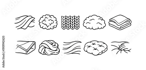 Textile, fabric outline icon set. Soft materials, cloth, textile symbols outlined.