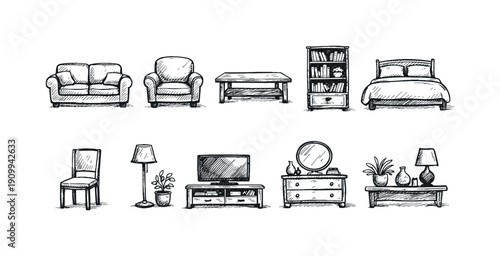 Home furniture sketch icon set. Hand-drawn household items outline collection