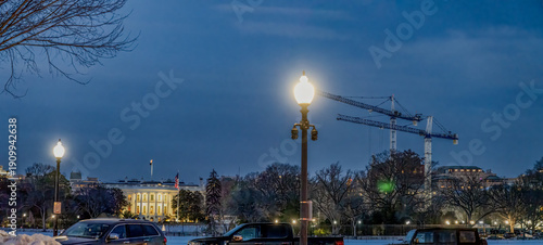 View of East Wing construction near the White House in Washington D.C. during dusk