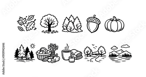 Autumn, nature solid icon set. Fall, harvest, seasonal symbols solid collection.