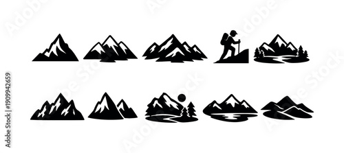 Mountain silhouette icon set. Hiking, nature, outdoor adventure icons silhouette collection.