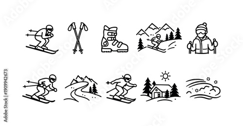 Winter sports line icon set. Skiing, snowboard, mountains, piste outline images.