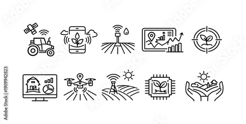 Agriculture technology and innovation line icon set for modern farming solutions