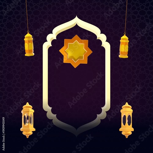 Decorative golden lanterns and archway for ramadan theme. Suitable for festive backgrounds, event promotions, and cultural designs.