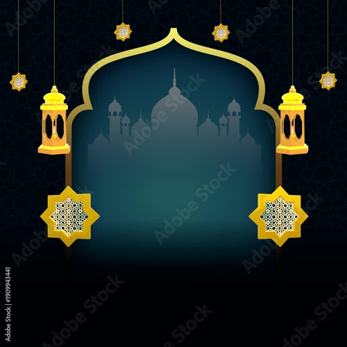 Islamic themed design with archway lanterns and mosque silhouettes, suitable for ramadan celebration graphics, social media posts, and religious publications.