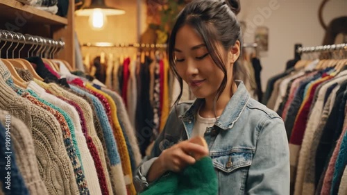 Woman shopping for green sweater in clothing store with racks