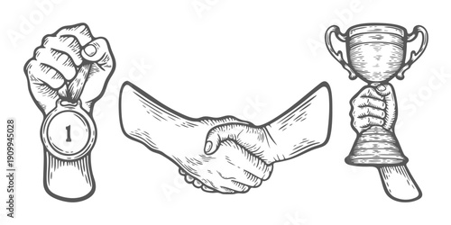 Hand holding a trophy set, handshake, victory, first place champion winner success achievement, sport cup award, business reward, gold medal on a ribbon, first place engraving isolated